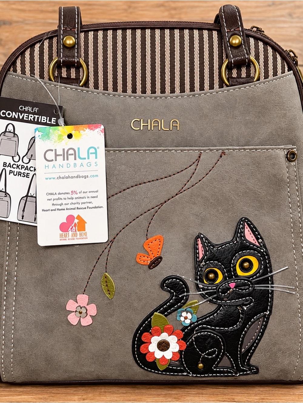 NEW Chala CONVERTIBLE Backpack Purse Shoulder Tote Bag BLACK CAT Gray - Picture 1 of 6